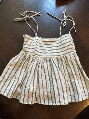 Striped Tie-Shoulder Linen Blend Tank Top - Cream/Black